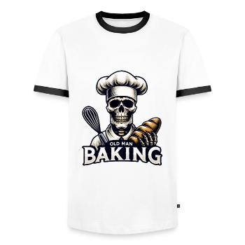 Old Man Baking Skull with Baker's Hat Baking Bread - Men's Ringer Shirt - white/black - Front - AI Model Female 172 light (172cm) & AI Model Male 178 dark (178cm)