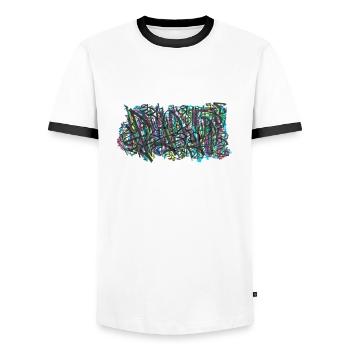 240719 03 - Männer Kontrast-T-Shirt - Weiß/Schwarz - Vorne - AI Model Female 172 light (172cm) & AI Model Male 178 dark (178cm)