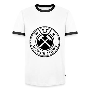 Witten dunkel Tasche Shirt Hoodie GPS Koordinaten - Männer Kontrast-T-Shirt - Weiß/Schwarz - Vorne - AI Model Female 172 light (172cm) & AI Model Male 178 dark (178cm)
