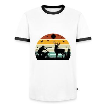 Retro Sunset Hunting Funny Hunting Humor - Men's Ringer Shirt - white/black - Front - AI Model Female 172 light (172cm) & AI Model Male 178 dark (178cm)