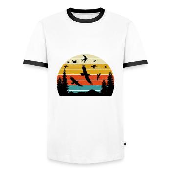Retro Birding Sunset Vintage Bird Sunrise - Men's Ringer Shirt - white/black - Front - AI Model Female 172 light (172cm) & AI Model Male 178 dark (178cm)