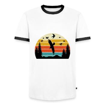 Retro Birding Sunset Vintage Bird Sunrise - Men's Ringer Shirt - white/black - Front - AI Model Female 172 light (172cm) & AI Model Male 178 dark (178cm)
