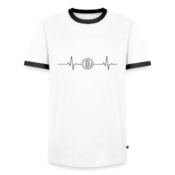 Rhythm of my heart and Bitcoin - Men's Ringer Shirt - white/black - Front - AI Model Female 172 light (172cm) & AI Model Male 178 dark (178cm)