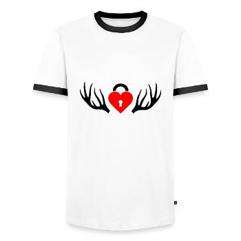 Cuckold Hahnrei Hörner - Männer Kontrast-T-Shirt - Weiß/Schwarz - Vorne - AI Model Female 172 light (172cm) & AI Model Male 178 dark (178cm)