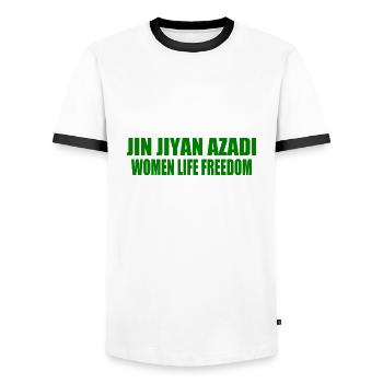 jin jiyan azadi women life freedom - T-shirt contrasté Homme - blanc/noir - Devant - AI Model Female 172 light (172cm) & AI Model Male 178 dark (178cm)