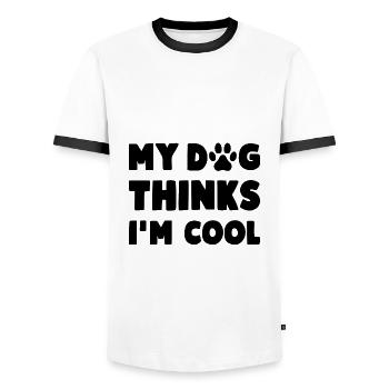 My Dog Thinks I'm Cool Lustiger Hunde Spruch - Männer Kontrast-T-Shirt - Weiß/Schwarz - Vorne - AI Model Female 172 light (172cm) & AI Model Male 178 dark (178cm)