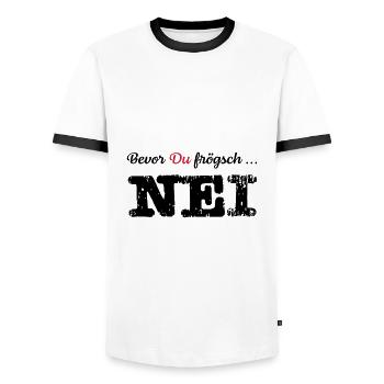 Nei | Schweizerdeutsch | Schweiz | Frau Kinder - Männer Kontrast-T-Shirt - Weiß/Schwarz - Vorne - AI Model Female 172 light (172cm) & AI Model Male 178 dark (178cm)