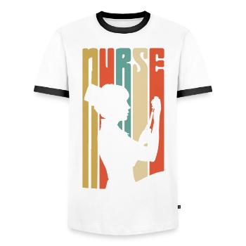 Retro - Vintage - Krankenschwester - Spritze -70s - Männer Kontrast-T-Shirt - Weiß/Schwarz - Vorne - AI Model Female 172 light (172cm) & AI Model Male 178 dark (178cm)