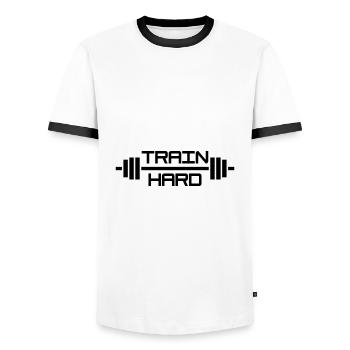 ★ Designfarben änderbar ★ Train hard (Hantel) - Männer Kontrast-T-Shirt - Weiß/Schwarz - Vorne - AI Model Female 172 light (172cm) & AI Model Male 178 dark (178cm)