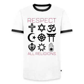 RESPECT ALL RELIGIONS - Men's Ringer Shirt - white/black - Front - AI Model Female 172 light (172cm) & AI Model Male 178 dark (178cm)