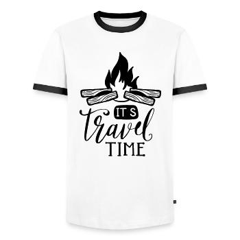 It's Travel Time saying text campfire travel - Men's Ringer Shirt - white/black - Front - AI Model Female 172 light (172cm) & AI Model Male 178 dark (178cm)