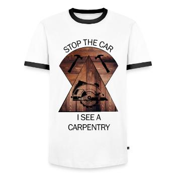 Carpenter, carpenter, carpenter, carpenter, craftsman, wood - Men's Ringer Shirt - white/black - Front - AI Model Female 172 light (172cm) & AI Model Male 178 dark (178cm)