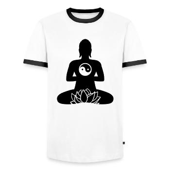 BUDDHA 01e | Lotus & Yin Yang - Men's Ringer Shirt - white/black - Front - AI Model Female 172 light (172cm) & AI Model Male 178 dark (178cm)