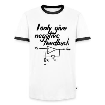 I only give negative feedback V2 - Männer Kontrast-T-Shirt - Weiß/Schwarz - Vorne - AI Model Female 172 light (172cm) & AI Model Male 178 dark (178cm)