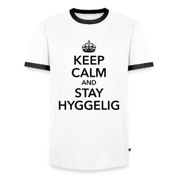 keep calm et hyy hyggelig bonheur satisfait - T-shirt contrasté Homme - blanc/noir - Devant - AI Model Female 172 light (172cm) & AI Model Male 178 dark (178cm)