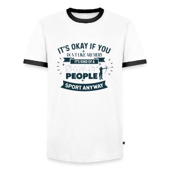 Olympus Archery – Ok if you don't like archery - Men's Ringer Shirt - white/black - Front - AI Model Female 172 light (172cm) & AI Model Male 178 dark (178cm)