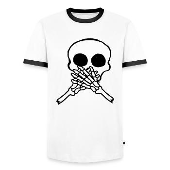Mains du crâne devant la bouche - T-shirt contrasté Homme - blanc/noir - Devant - AI Model Female 172 light (172cm) & AI Model Male 178 dark (178cm)