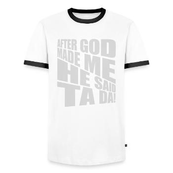 after god made me - Men's Ringer Shirt - white/black - Front - AI Model Female 172 light (172cm) & AI Model Male 178 dark (178cm)