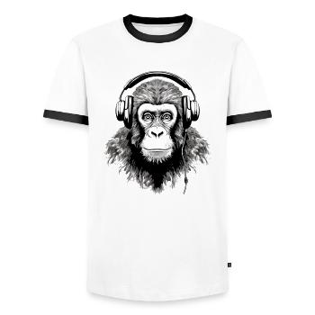 Chita the audiophile monkey - Men's Ringer Shirt - white/black - Front - AI Model Female 172 light (172cm) & AI Model Male 178 dark (178cm)