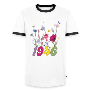 Année de naissance 1946 fleurs sauvages - T-shirt contrasté Homme - blanc/noir - Devant - AI Model Female 172 light (172cm) & AI Model Male 178 dark (178cm)