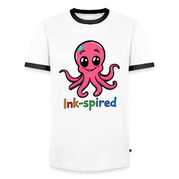 Rosa Oktopus Cartoon stehend mit ausgestreckten Armen - Männer Kontrast-T-Shirt - Weiß/Schwarz - Vorne - AI Model Female 172 light (172cm) & AI Model Male 178 dark (178cm)