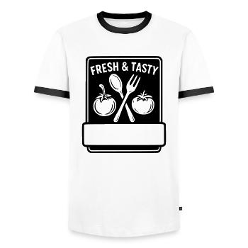 Fresh and tasty - LAST NAME FIRST NAME - Men's Ringer Shirt - white/black - Front - AI Model Female 172 light (172cm) & AI Model Male 178 dark (178cm)