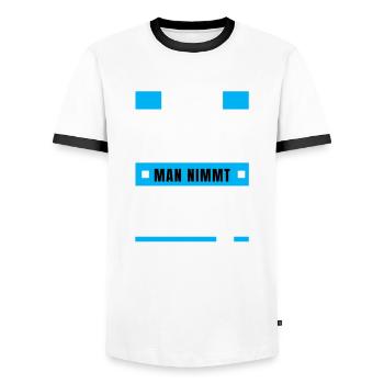 Koi Zeit, de nimmt ma - bayerischer Spruch - Männer Kontrast-T-Shirt - Weiß/Schwarz - Vorne - AI Model Female 172 light (172cm) & AI Model Male 178 dark (178cm)