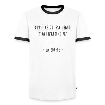 qu'est ce qui est chaud & qui n'attend pas la bouf - T-shirt contrasté Homme - blanc/noir - Devant - AI Model Female 172 light (172cm) & AI Model Male 178 dark (178cm)
