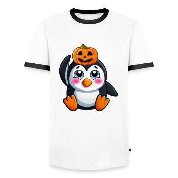 Mignon Halloween Pingouin Citrouille Dessin Animé Design - T-shirt contrasté Homme - blanc/noir - Devant - AI Model Female 172 light (172cm) & AI Model Male 178 dark (178cm)
