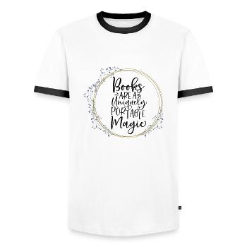 Books Are A Uniquely Portable Magic - Men's Ringer Shirt - white/black - Front - AI Model Female 172 light (172cm) & AI Model Male 178 dark (178cm)