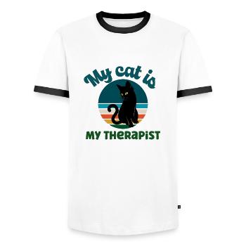 Cat Lover Gift - My Cat Is My Therapist - Men's Ringer Shirt - white/black - Front - AI Model Female 172 light (172cm) & AI Model Male 178 dark (178cm)