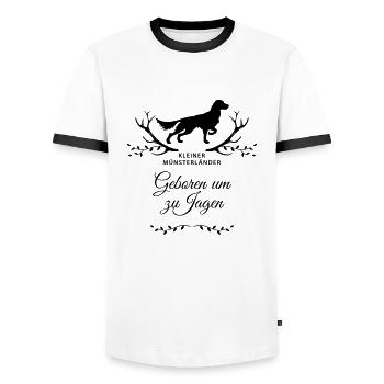 Kleiner Münsterländer "Geboren um zu Jagen" - Männer Kontrast-T-Shirt - Weiß/Schwarz - Vorne - AI Model Female 172 light (172cm) & AI Model Male 178 dark (178cm)