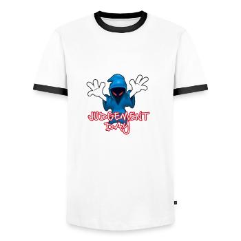 JD Logo+Text (Digital)*trans - Men's Ringer Shirt - white/black - Front - AI Model Female 172 light (172cm) & AI Model Male 178 dark (178cm)