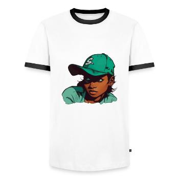 Fille à la peau claire en chapeau de baseball - T-shirt contrasté Homme - blanc/noir - Devant - AI Model Female 172 light (172cm) & AI Model Male 178 dark (178cm)