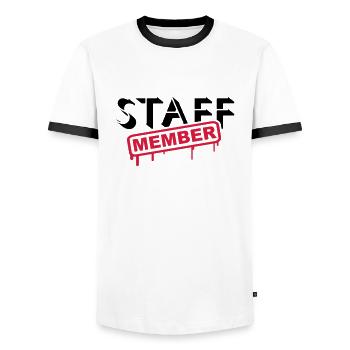 Staff Member Friends Team Staff Crew Logo - Men's Ringer Shirt - white/black - Front - AI Model Female 172 light (172cm) & AI Model Male 178 dark (178cm)