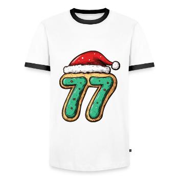 77 Zahl Weihnachten - Männer Kontrast-T-Shirt - Weiß/Schwarz - Vorne - AI Model Female 172 light (172cm) & AI Model Male 178 dark (178cm)
