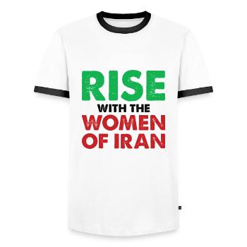 Women Life Freedom Iran Women's Rights - Men's Ringer Shirt - white/black - Front - AI Model Female 172 light (172cm) & AI Model Male 178 dark (178cm)