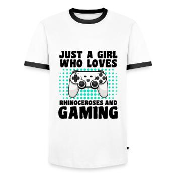 Gamer and Rhinoceros: Video Games and Power - Men's Ringer Shirt - white/black - Front - AI Model Female 172 light (172cm) & AI Model Male 178 dark (178cm)