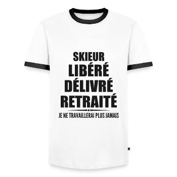 Skieur célèbre sa retraite avec humour cadeau - T-shirt contrasté Homme - blanc/noir - Devant - AI Model Female 172 light (172cm) & AI Model Male 178 dark (178cm)