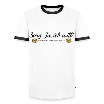 Coffin Yes, I do, funny saying bachelor party, marriage - Men's Ringer Shirt - white/black - Front - AI Model Female 172 light (172cm) & AI Model Male 178 dark (178cm)