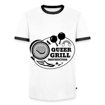 Queer Grill Instructor BBQ Gift Idea - Men's Ringer Shirt - white/black - Front - AI Model Female 172 light (172cm) & AI Model Male 178 dark (178cm)