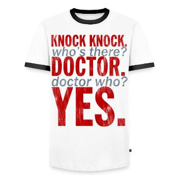 "Knock Knock! Doctor Who?" Design - Men's Ringer Shirt - white/black - Front - AI Model Female 172 light (172cm) & AI Model Male 178 dark (178cm)