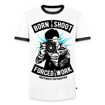 Born to shoot forced to work Photographer - Men's Ringer Shirt - white/black - Front - AI Model Female 172 light (172cm) & AI Model Male 178 dark (178cm)