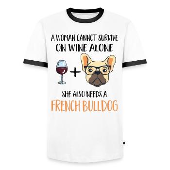 Wine French Buldogge Mama Dog Lovers - Men's Ringer Shirt - white/black - Front - AI Model Female 172 light (172cm) & AI Model Male 178 dark (178cm)