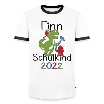 Finn 2022 T-Rex Einschulung Erstklässler 2022 - Männer Kontrast-T-Shirt - Weiß/Schwarz - Vorne - AI Model Female 172 light (172cm) & AI Model Male 178 dark (178cm)