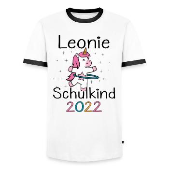 Einschulung 2022 Leonie Einhorn Erstklässler 2022 - Männer Kontrast-T-Shirt - Weiß/Schwarz - Vorne - AI Model Female 172 light (172cm) & AI Model Male 178 dark (178cm)
