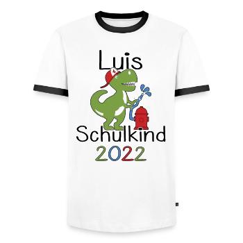 Luis 2022 T-Rex Einschulung Erstklässler 2022 - Männer Kontrast-T-Shirt - Weiß/Schwarz - Vorne - AI Model Female 172 light (172cm) & AI Model Male 178 dark (178cm)