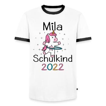Einschulung 2022 Mila Einhorn Erstklässler 2022 - Männer Kontrast-T-Shirt - Weiß/Schwarz - Vorne - AI Model Female 172 light (172cm) & AI Model Male 178 dark (178cm)