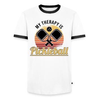 Pickleball Retro Love Dinking Pickleball Joueur - T-shirt contrasté Homme - blanc/noir - Devant - AI Model Female 172 light (172cm) & AI Model Male 178 dark (178cm)