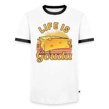 Käsefan Cheese Cheese lover Gouda Hard Cheese - Men's Ringer Shirt - white/black - Front - AI Model Female 172 light (172cm) & AI Model Male 178 dark (178cm)